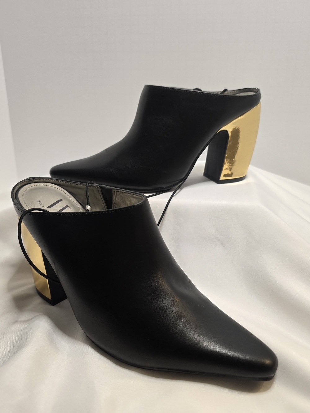 Worthington Black Leather Mule Heels with Gold Block Heel